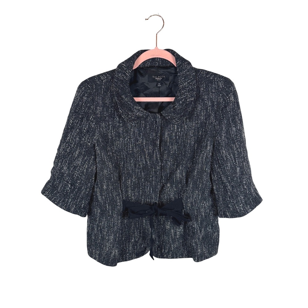 Talbots Tweed Jacket Womens 12P Black White Bow Accent Short Sleeve Blazer